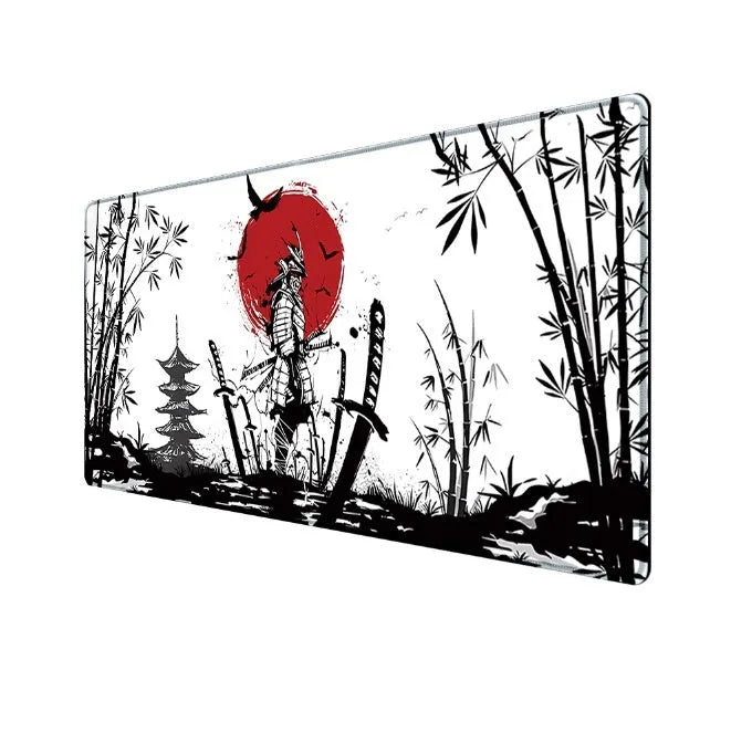 Japanese samurai pattern gaming mouse pad on desk with computer mouse