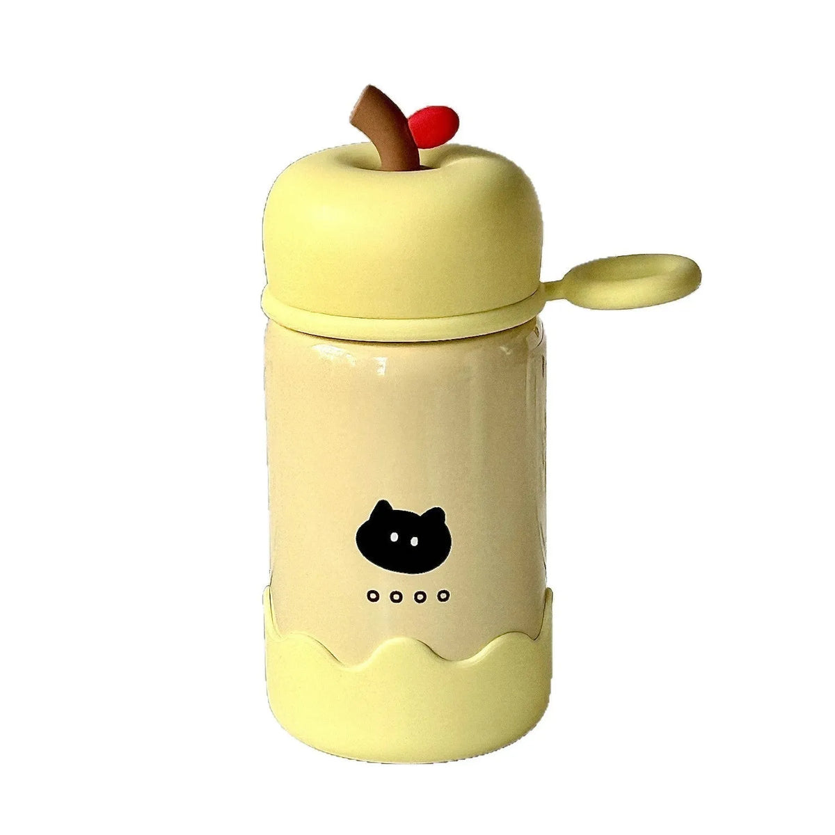 Children's cartoon thermal mug 300ml with 316 stainless steel liner, rope handle, and silicone bottom pad in yellow