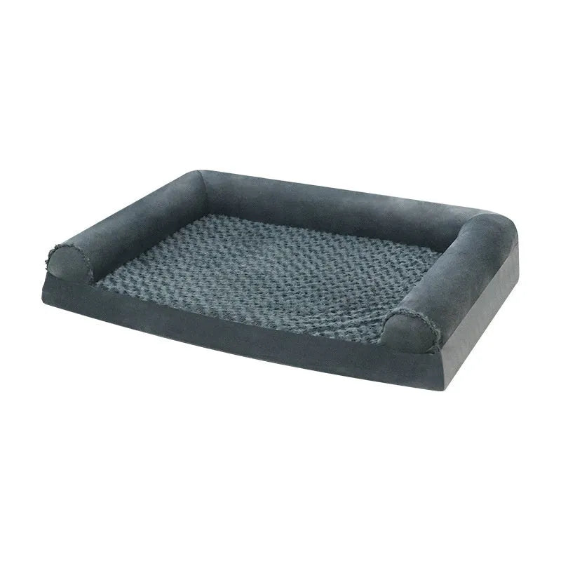 Grey cloth dog kennel with removable fleece lining, shown in three sizes for medium and large breeds.