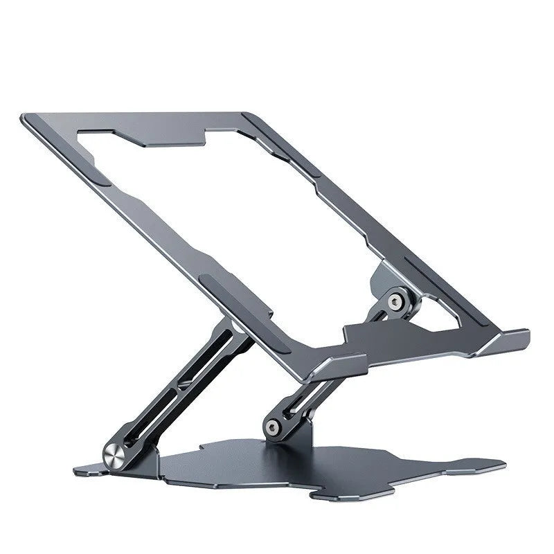 Grey adjustable aluminium laptop stand holding a silver laptop, shown in a folded and unfolded position.