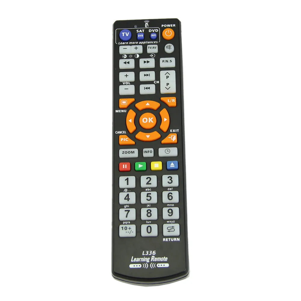Black L336 full-key universal learning remote control for TV and DVD players.