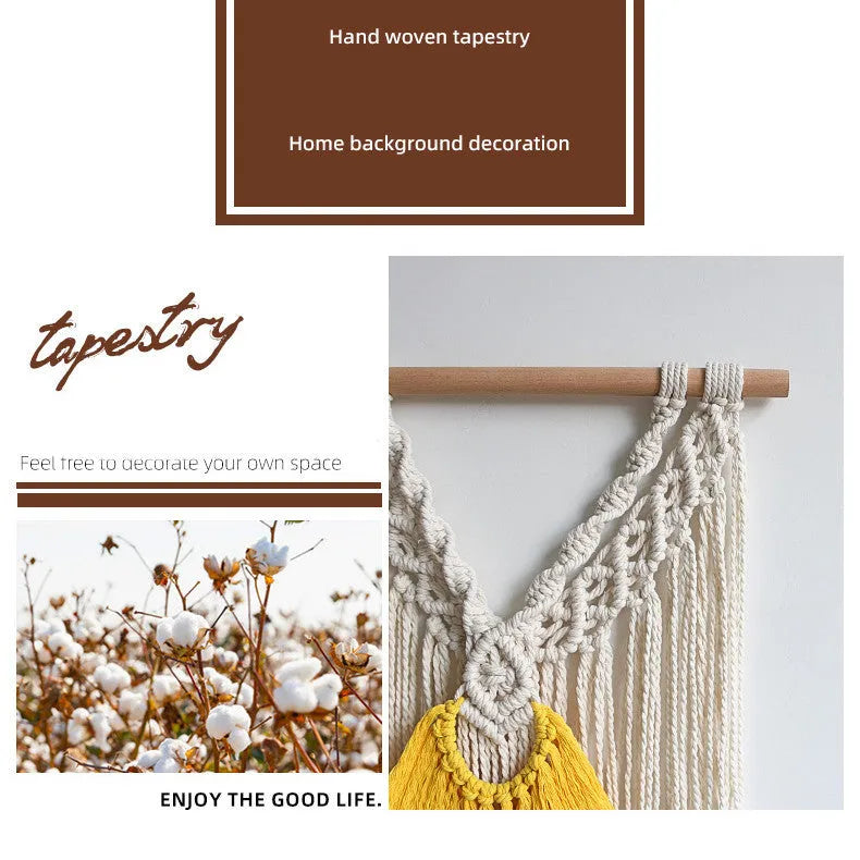 Nordic style hand-woven cotton tapestry rectangular wall hanging creamy white with yellow accents 120x95cm