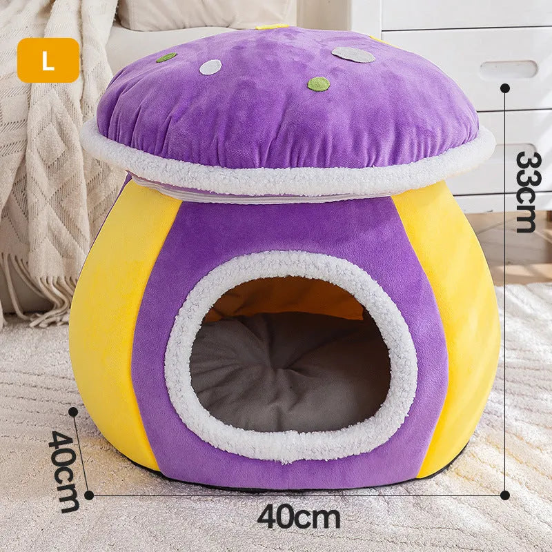 Grey mushroom-shaped plush cat bed with a detachable blanket inside, showing enclosed design.