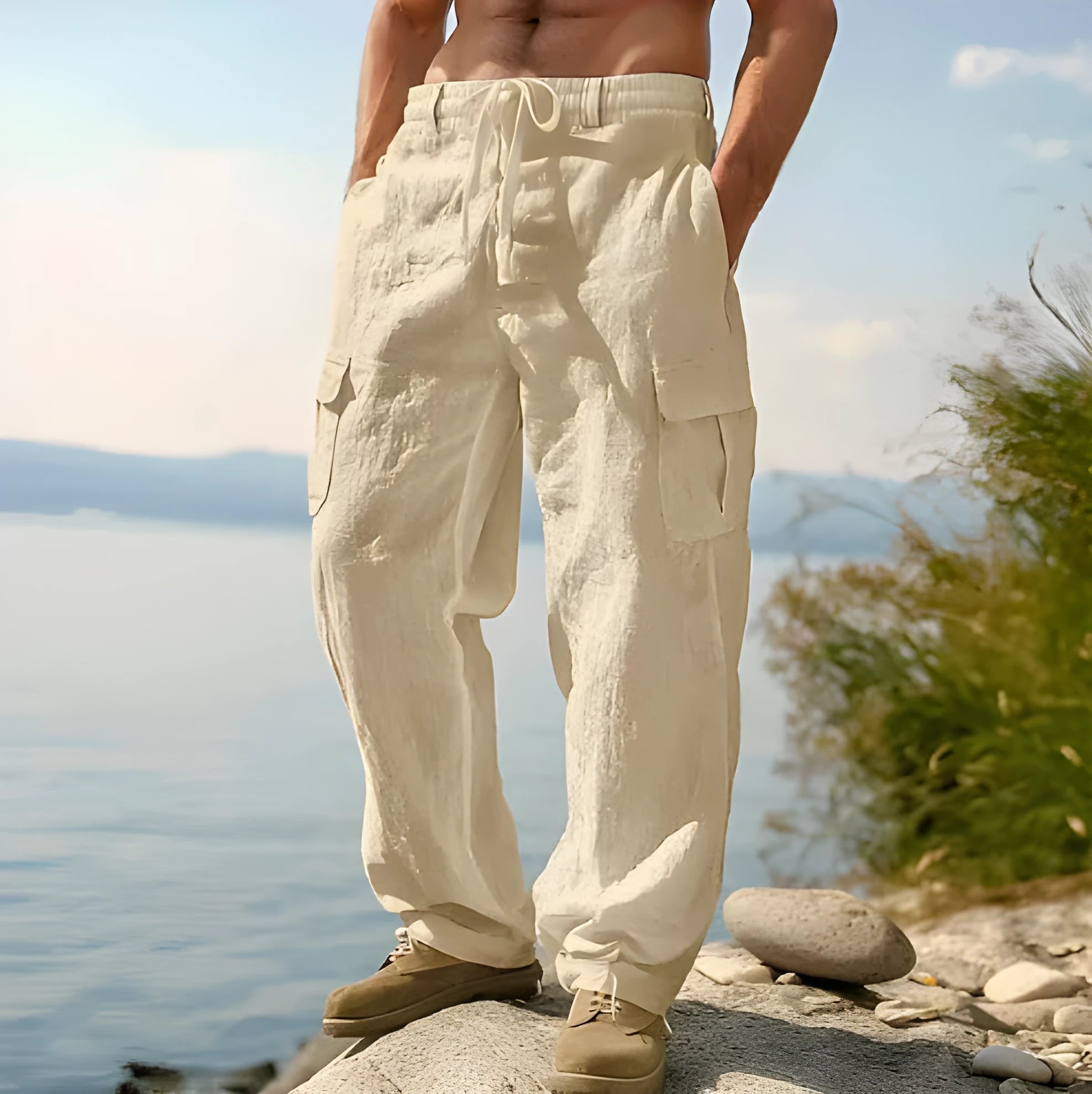 Men's loose cotton wide-leg casual trousers in solid colours showing mid-waist and relaxed fit