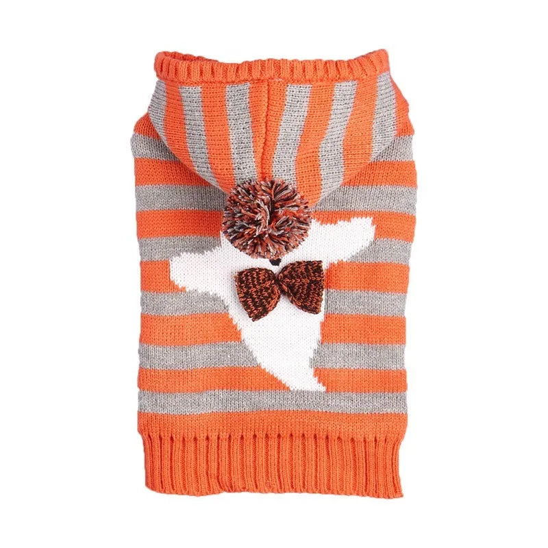 Orange striped knitted pet sweater with hood and fur ball trim for small dogs or cats