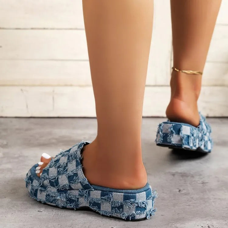 Women's denim slippers with slope heel and thick bottom in blue colour round toe design