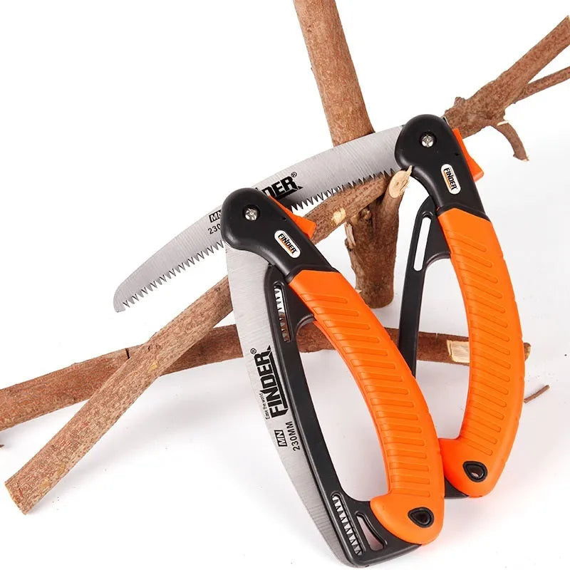 Orange handled folding garden saw with a 9 inch steel blade shown both open and closed.