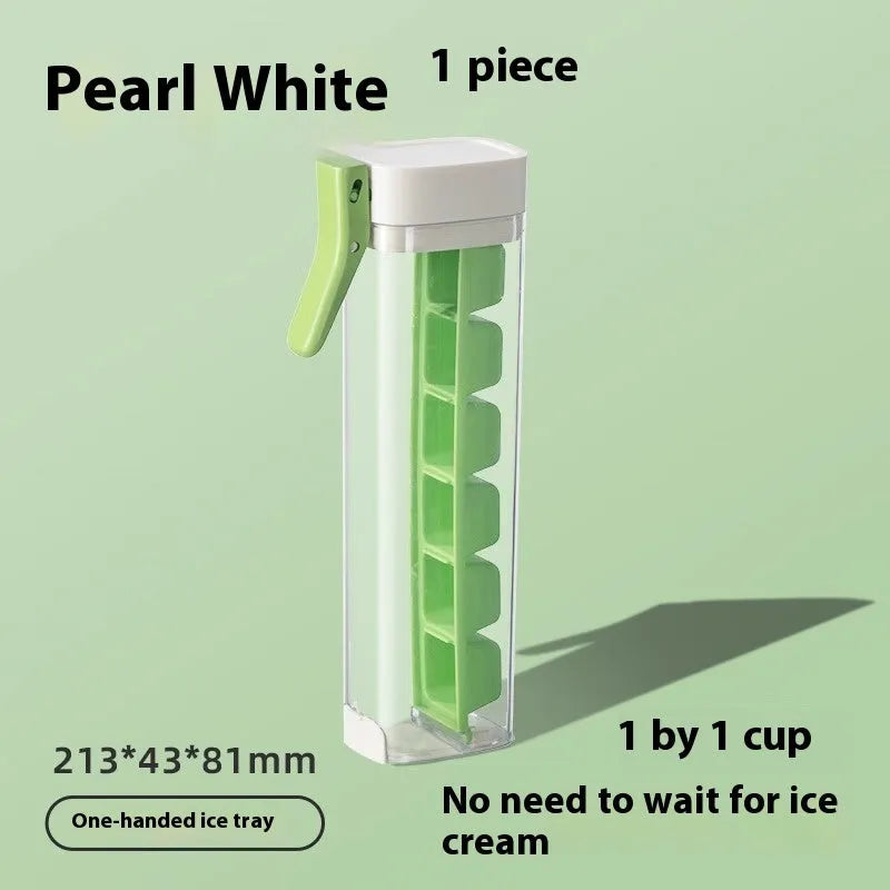 Flexible ice cube tray in Maldives colour with one-touch release and storage box on white surface