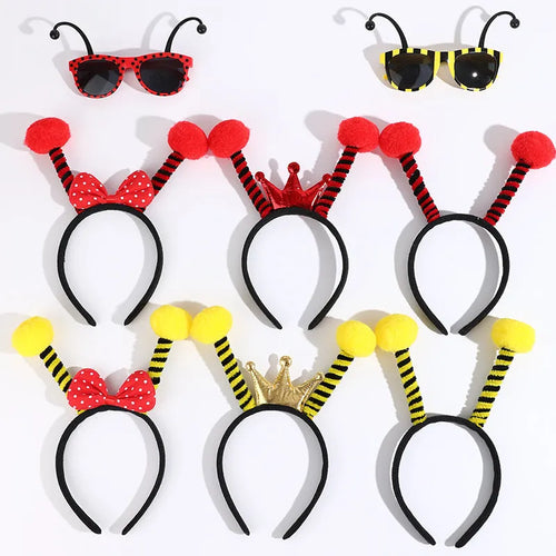 Bees party costume set with black and yellow striped headband and matching glasses