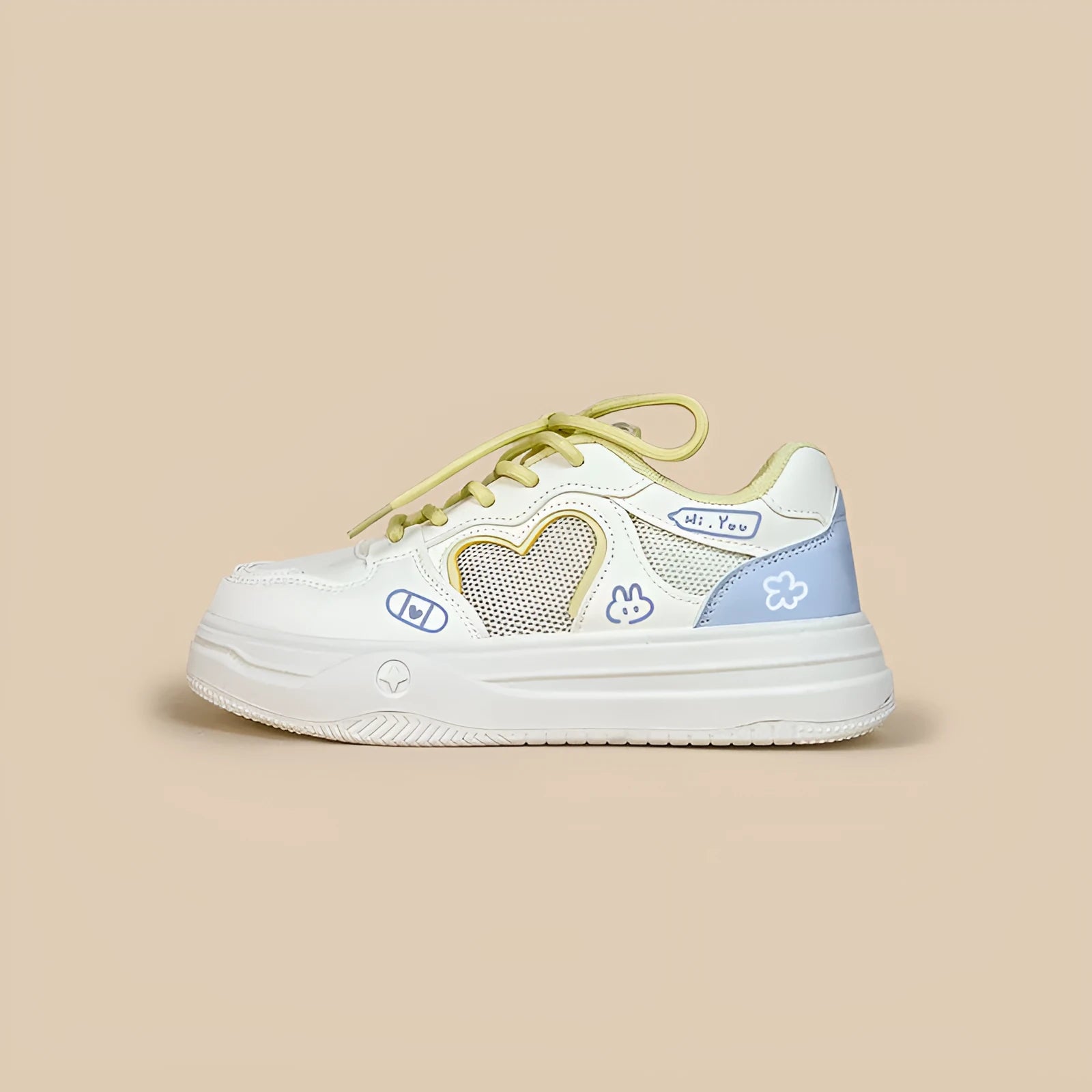 Meow Rabbit Sea Salt Cheese mesh sneakers with cross straps and thick rubber sole