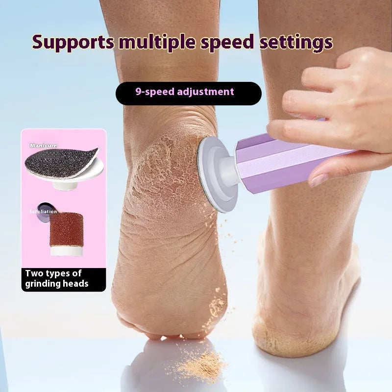 USB rechargeable electric callus remover and nail trimmer set with sandpaper discs on a pink background