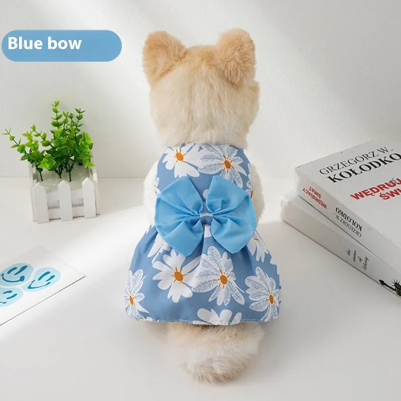 Ultra-thin floral print pet dress for dogs or cats with a large knotted bow at the chest.