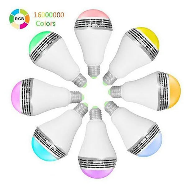 Smart Bluetooth speaker LED light bulb with E27 base, showing multi-coloured RGB lighting.