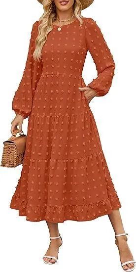 Women's beige long sleeve casual dress with high waist and ruffle sleeves on a model.