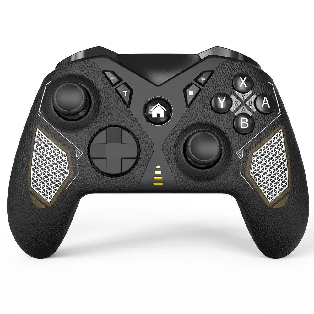 Black wireless game controller with leather-pattern texture on grips, showing analogue sticks and buttons.