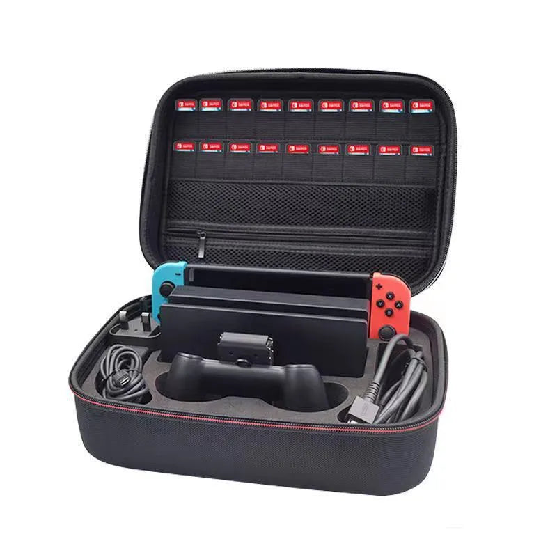 Black EVA game console accessory storage bag showing dimensions for organising controllers and cables.