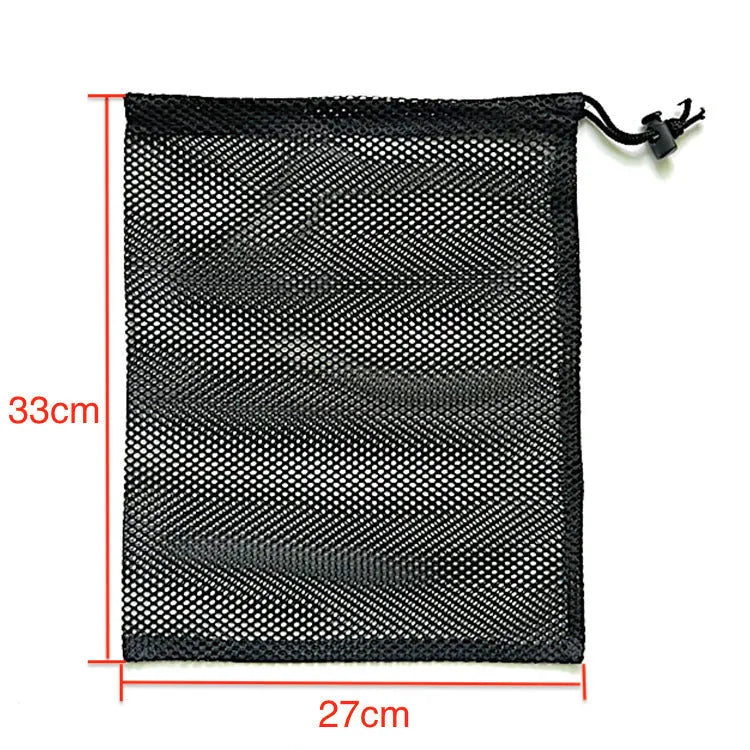 Black drawstring mesh storage bag for children's water balloons.