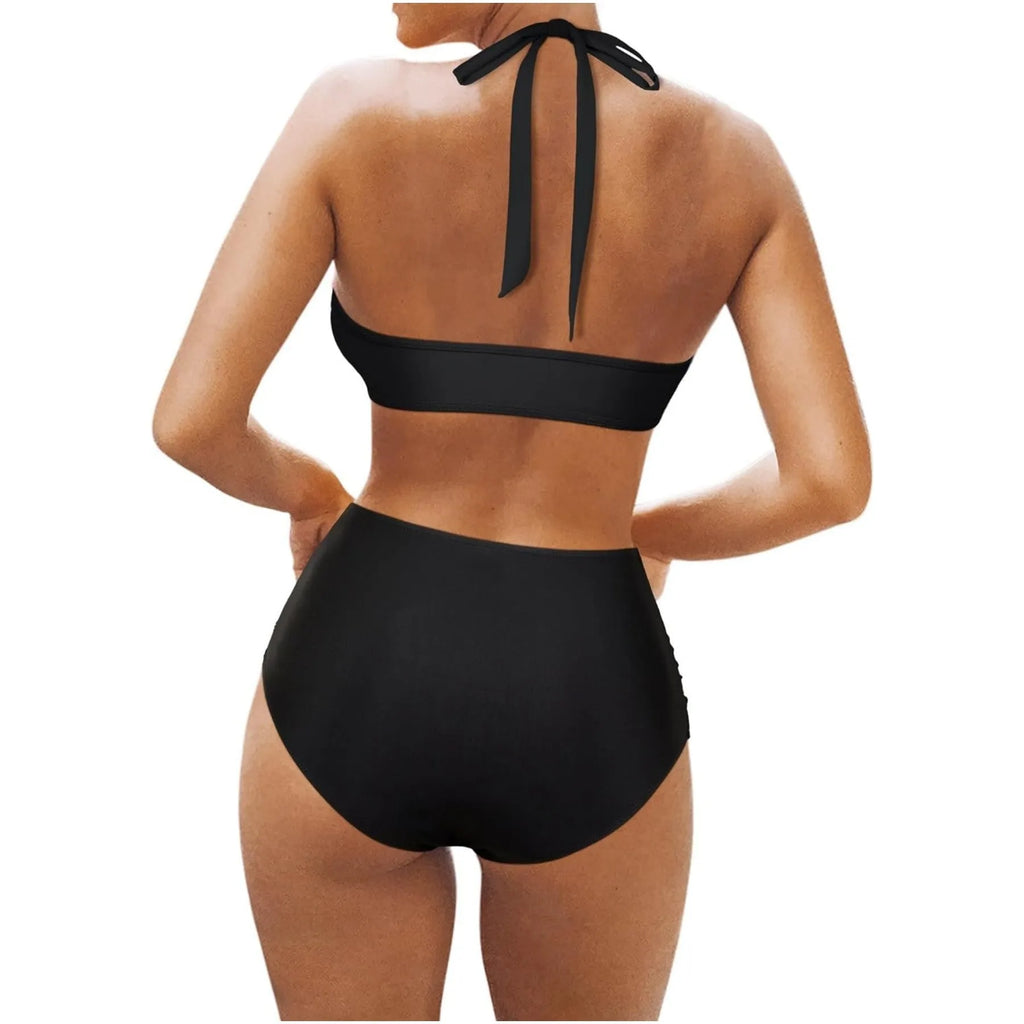 Women's black polyester split bikini swimsuit with briefs style on size chart background