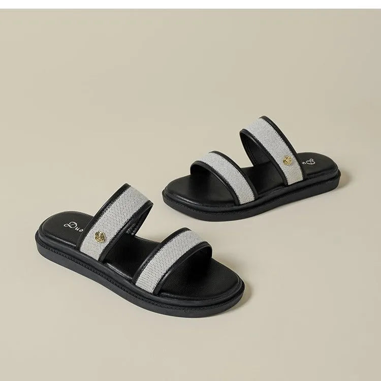 Women's brown and black soft bottom flip-flops with artificial PU upper and retro style
