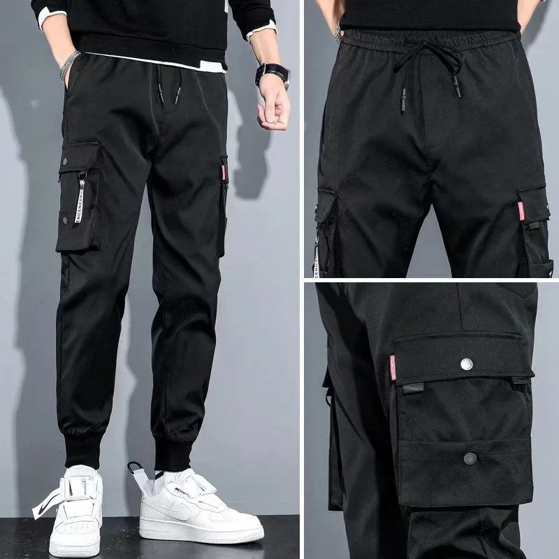 Men's ice silk casual overalls sports jumpsuit in black, dark grey, and light grey, sizes S to 5XL