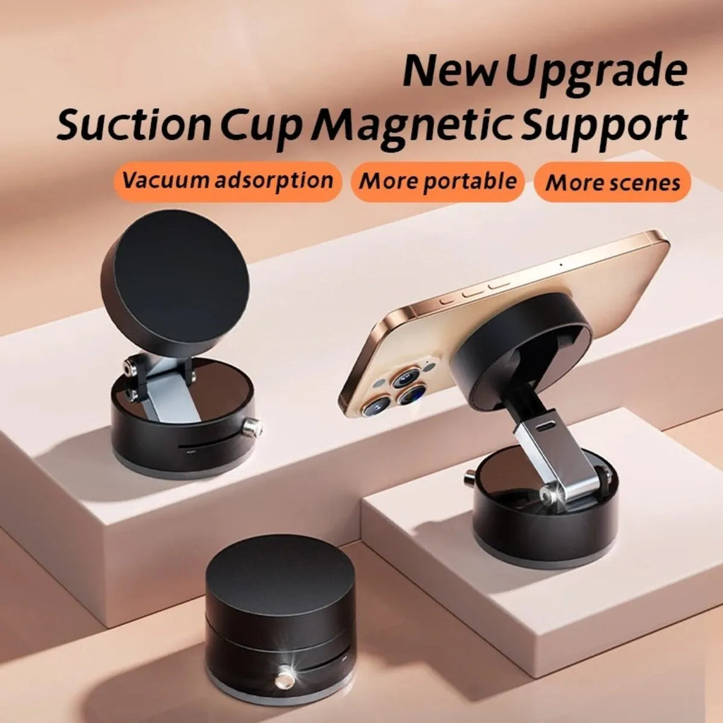 Black magnetic car phone holder with suction cup mount and 360-degree rotating head