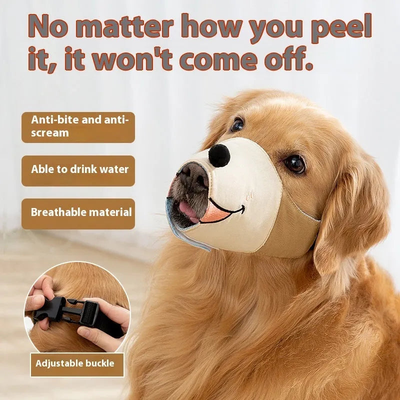 Adjustable canvas dog muzzle in Ollie Brown Bear colour, shown on a dog's snout with straps fastened.