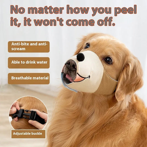 Adjustable canvas dog muzzle in Ollie Brown Bear colour, shown on a dog's snout with straps fastened.