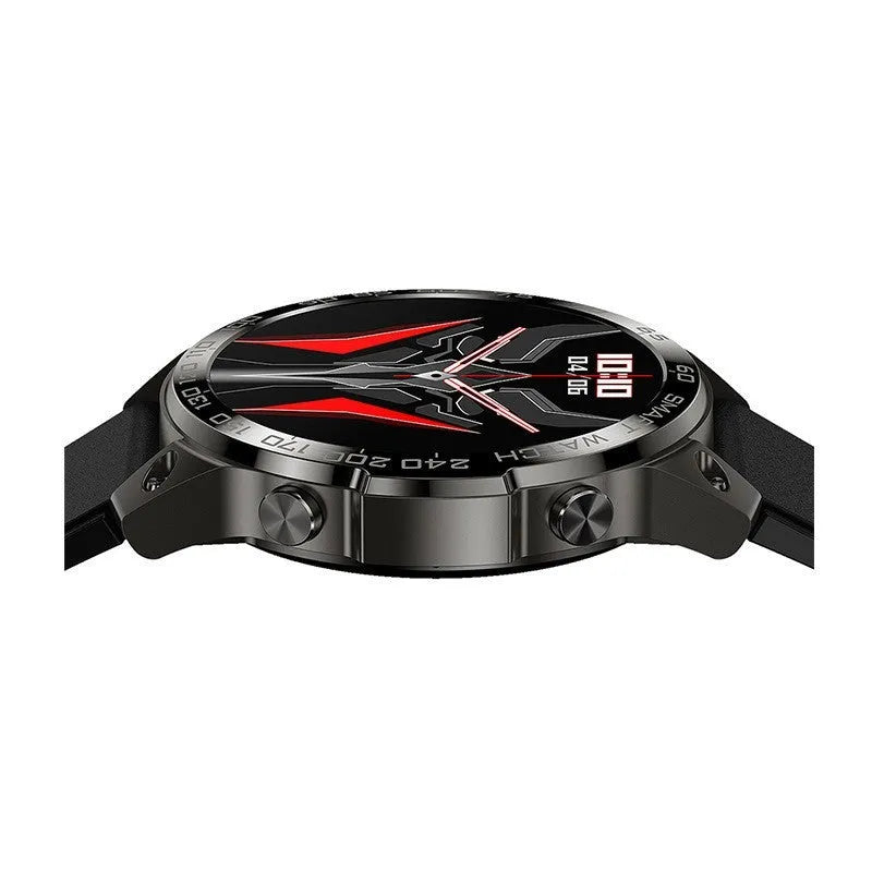Round smartwatch with silicone band showing always-on AMOLED display with Bluetooth call interface
