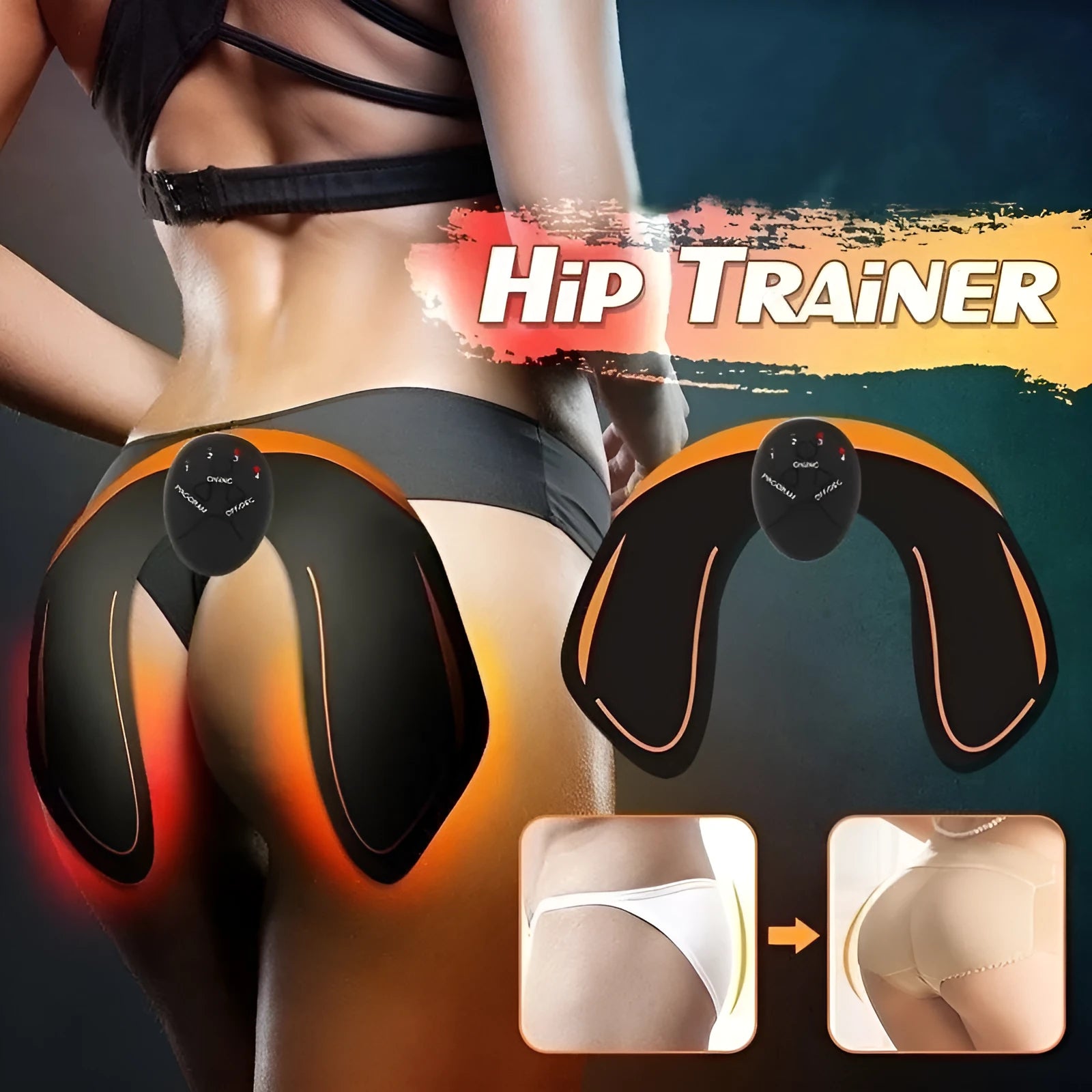 Compact black EMS muscle stimulator unit with conductive gel pads for abdominal and buttock toning