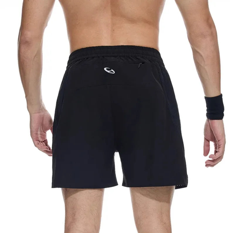 Black and blue four-point stretch running shorts with laser stitching detail for training.