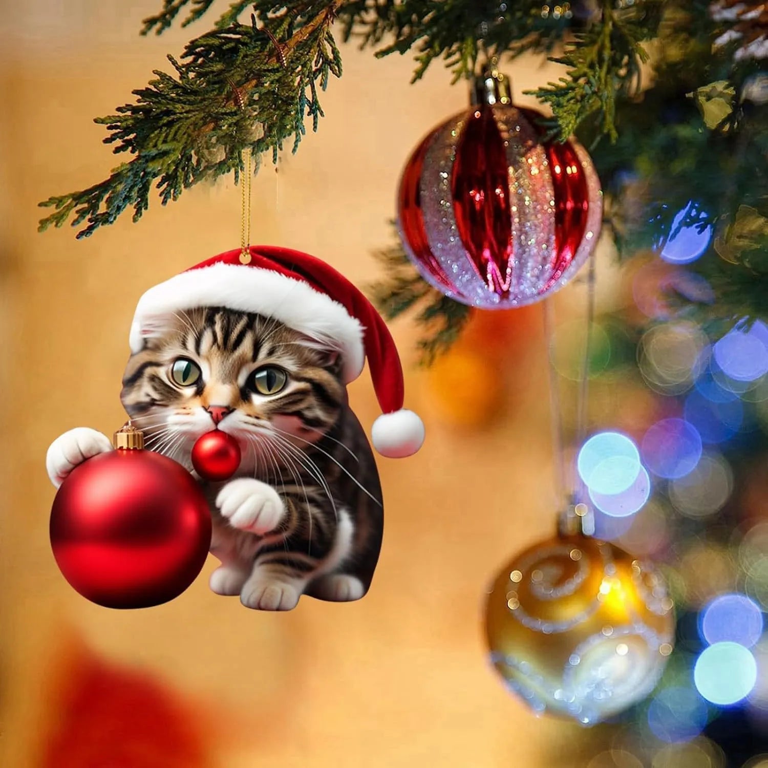 Christmas car hanging ornament featuring cartoon kitten design in transparent acrylic