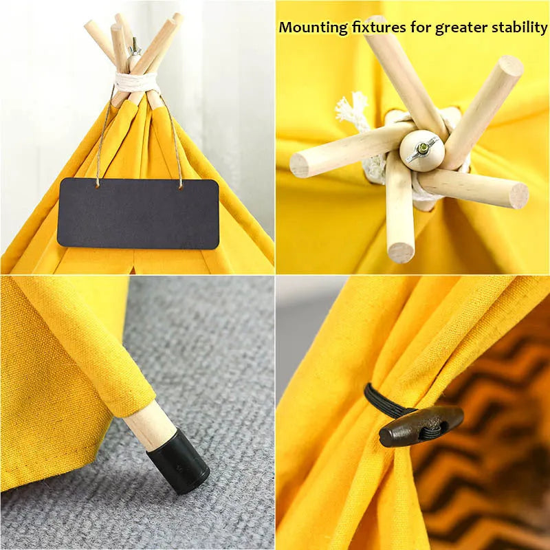 White and yellow striped pet teepee tent with cushion for small dogs or cats
