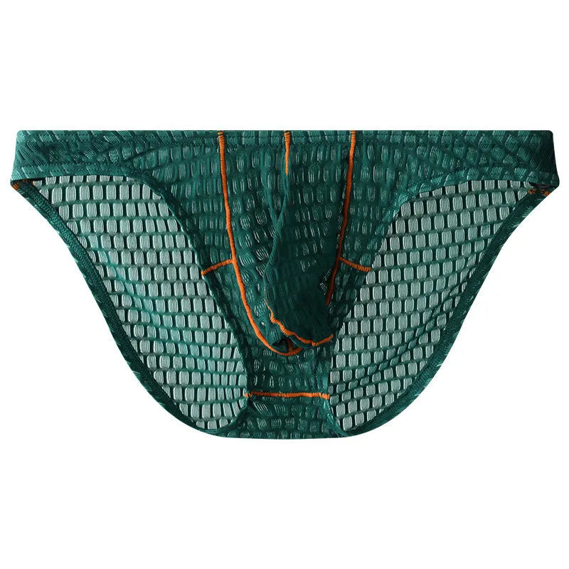 Men's low waist ice silk lace briefs in solid colours including rose red and light purple on a size chart.