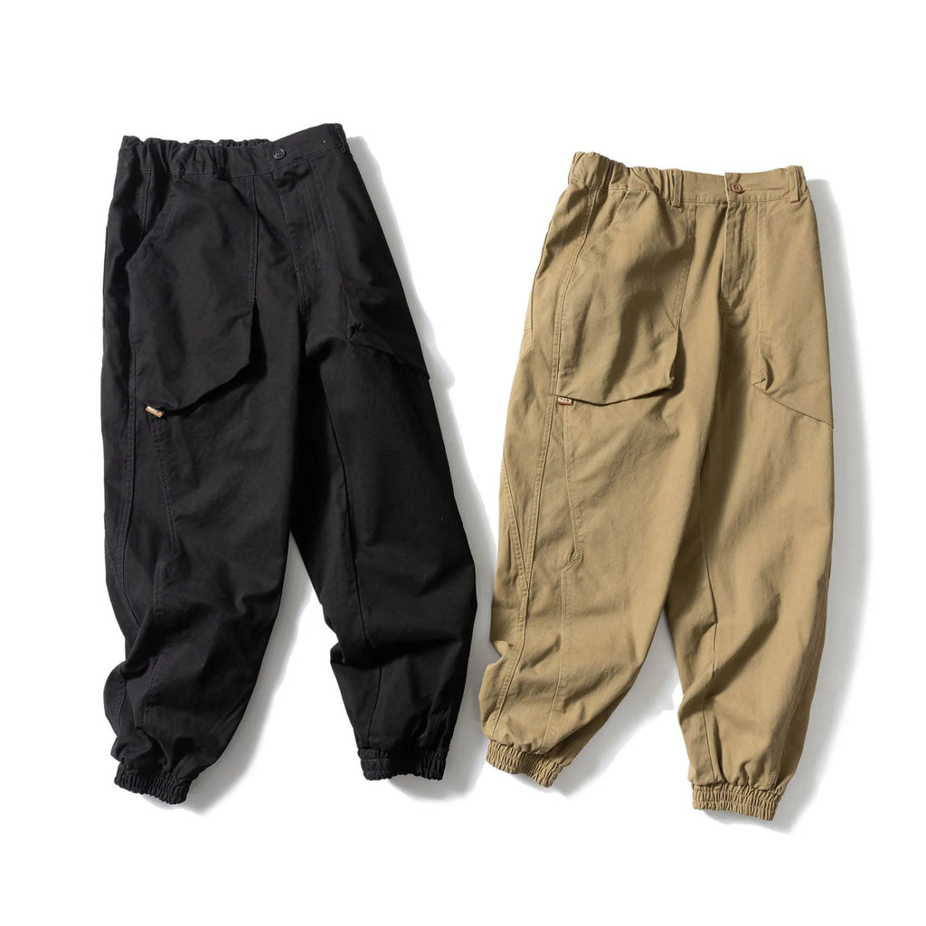 Cotton tapered casual pants with large pocket in Japanese retro style