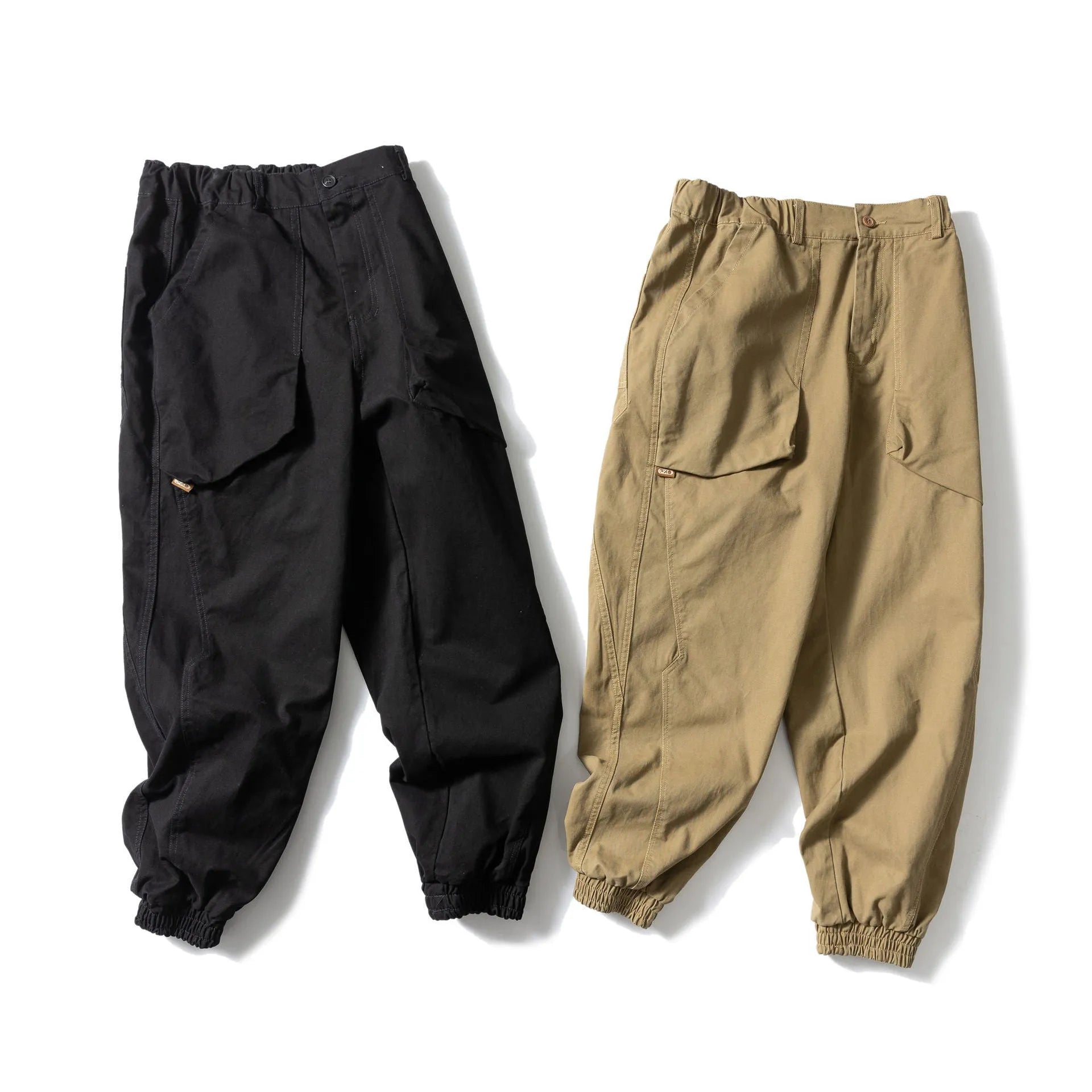 Cotton tapered casual pants with large pocket in Japanese retro style