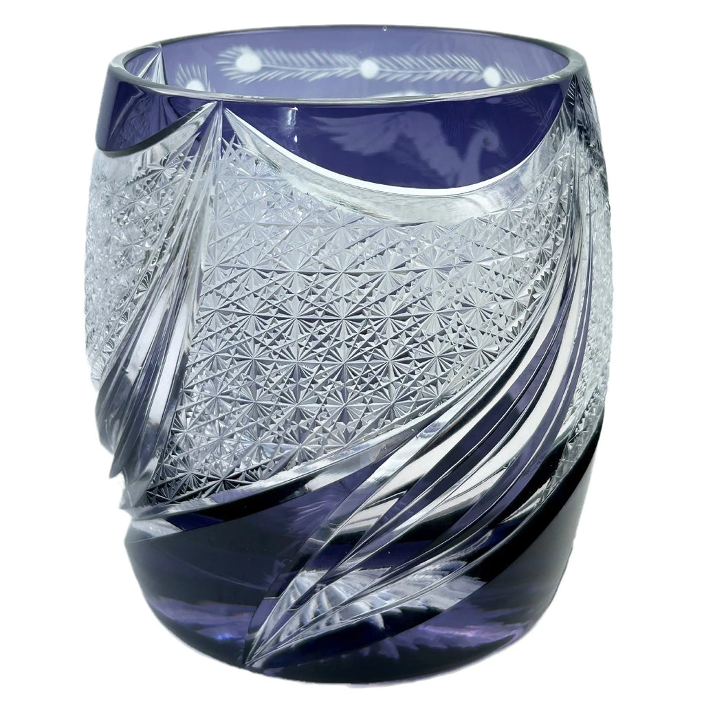 Lavender purple crystal glass cup with handmade phoenix carving, cylindrical Japanese style shape, 301-400ml capacity