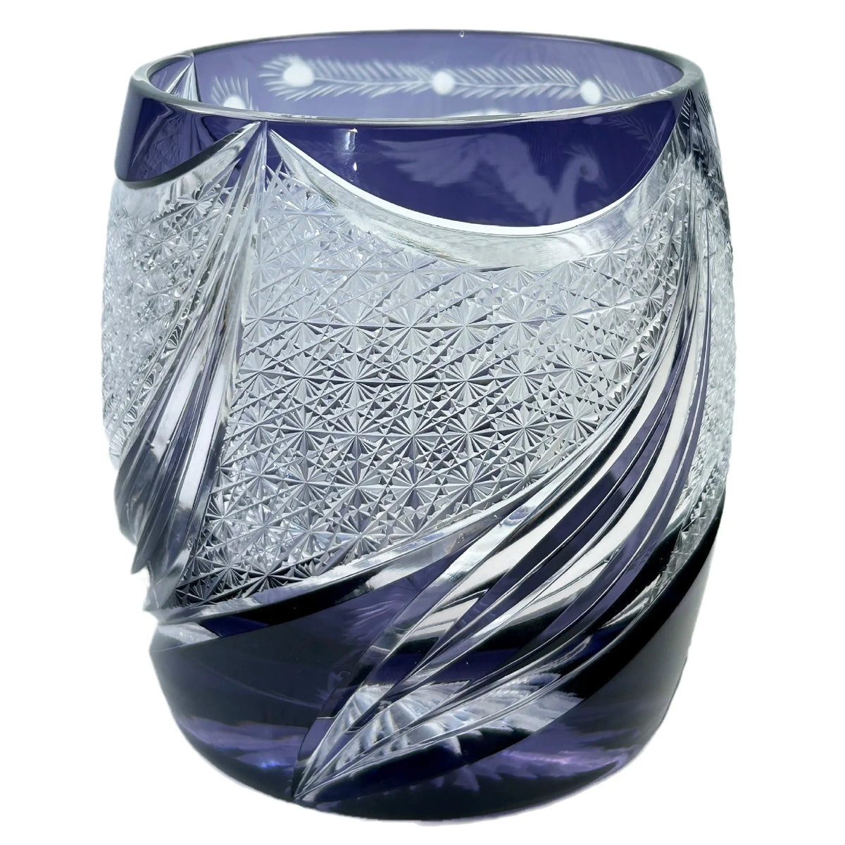 Lavender purple crystal glass cup with handmade phoenix carving, cylindrical Japanese style shape, 301-400ml capacity