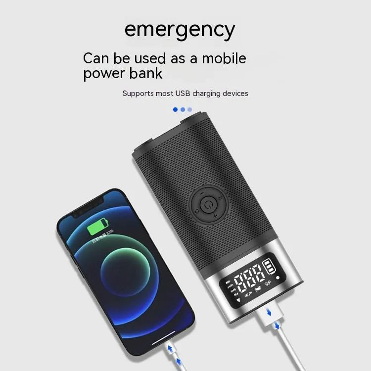 Black portable wireless air pump with 15cm tube, multiple nozzles and USB charging cable