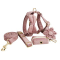 Light purple pink velvet dog collar with matching cloth accessories including leash and bow tie