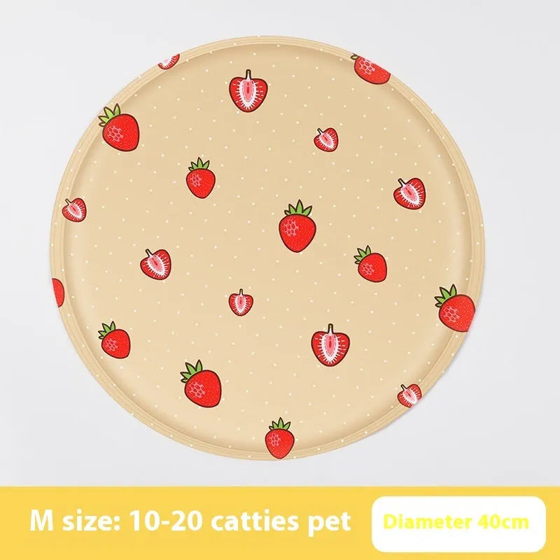 Round pet cooling mat with cartoon animal design showing gel technology for dogs