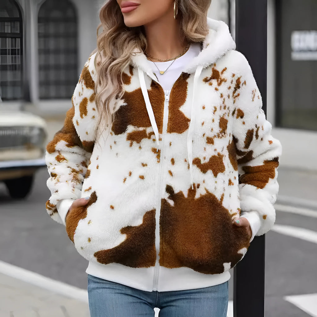 Yellow brown cow animal print hooded cardigan jacket with front zipper in Asian sizing