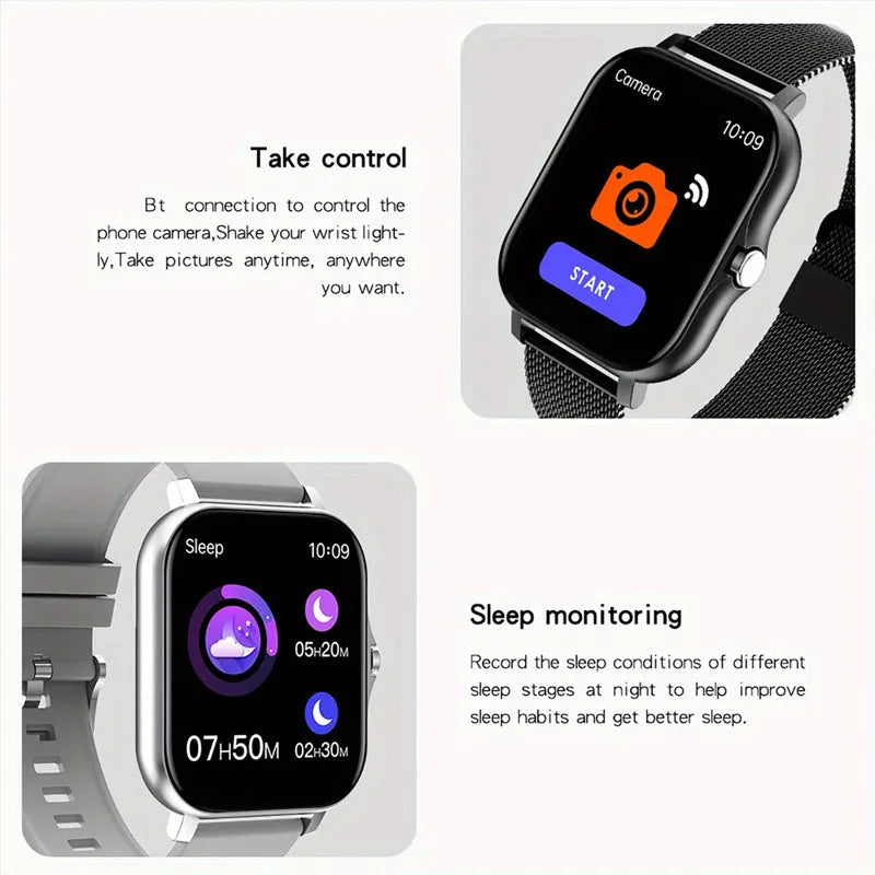 A smartwatch with a 1.44-inch screen showing a fitness stat interface, on a silicone strap.