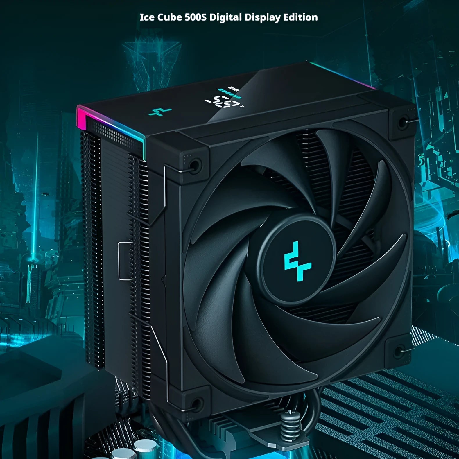 Black tower CPU air cooler with fan and aluminium fins, showing digital display on side.