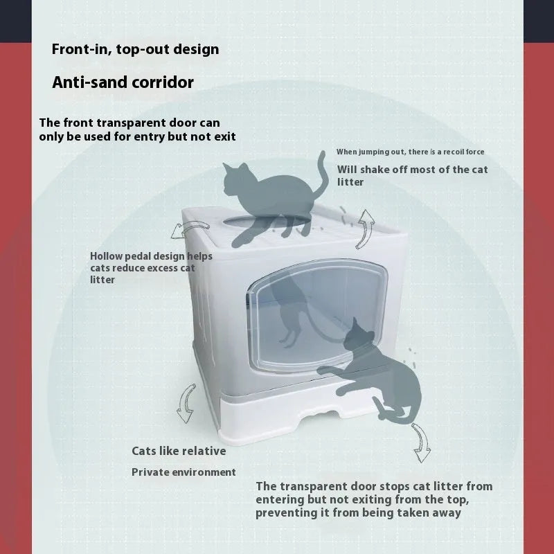Folding enclosed cat litter box in ABS and PP, 51 x 41 x 44 cm, available in blue, pink, or grey.