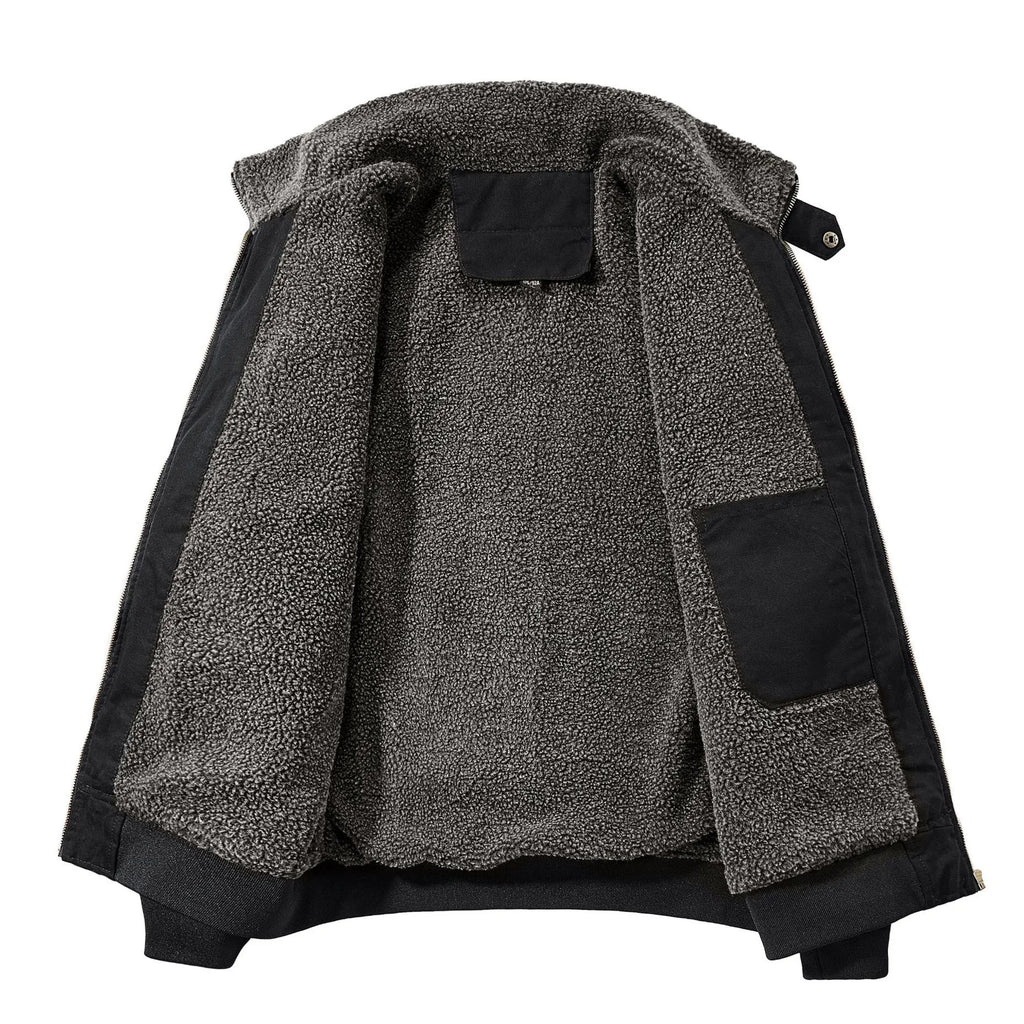 Men's winter fleece cotton coat in black with fleece lining and long sleeves