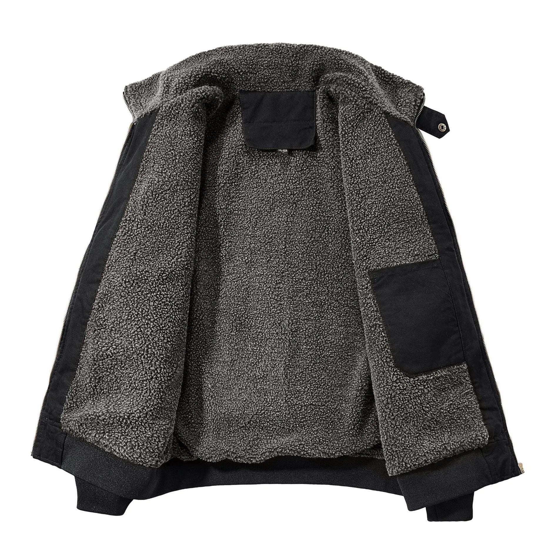 Men's winter fleece cotton coat in black with fleece lining and long sleeves