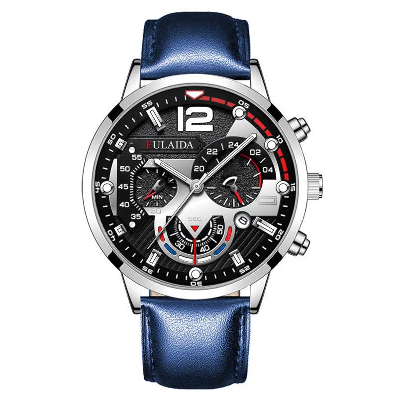 Men's casual quartz watch with calendar, genuine leather strap, rose gold buckle, 37mm dial