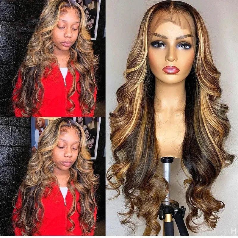 Long curly front lace wig with 134 gradient colour and side bangs made from high-temperature fibre.