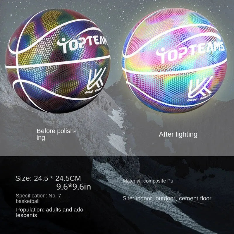No. 7 size holographic luminous reflective basketball on a court, showing Chroma and White colour options.