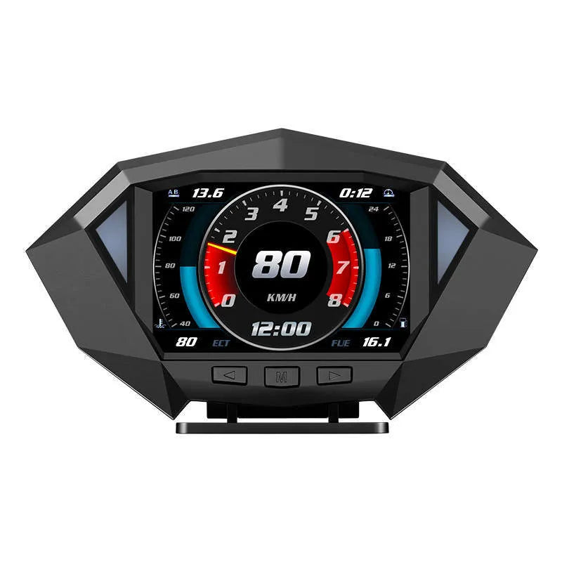 Black car head-up display unit on a dashboard with OBD cable and anti-slip pad.